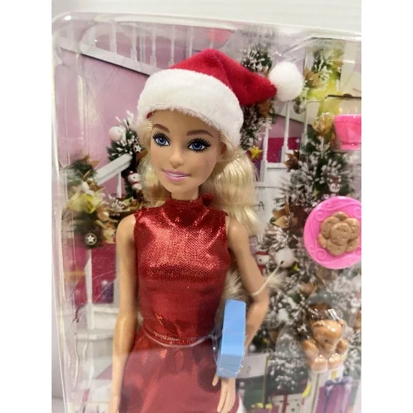 BARBIE DOLL HOLIDAY RED DRESS SANTA HAT BLONDE CHRISTMAS ACCESSORIES COOKIES NEW - Picture 4 of 5